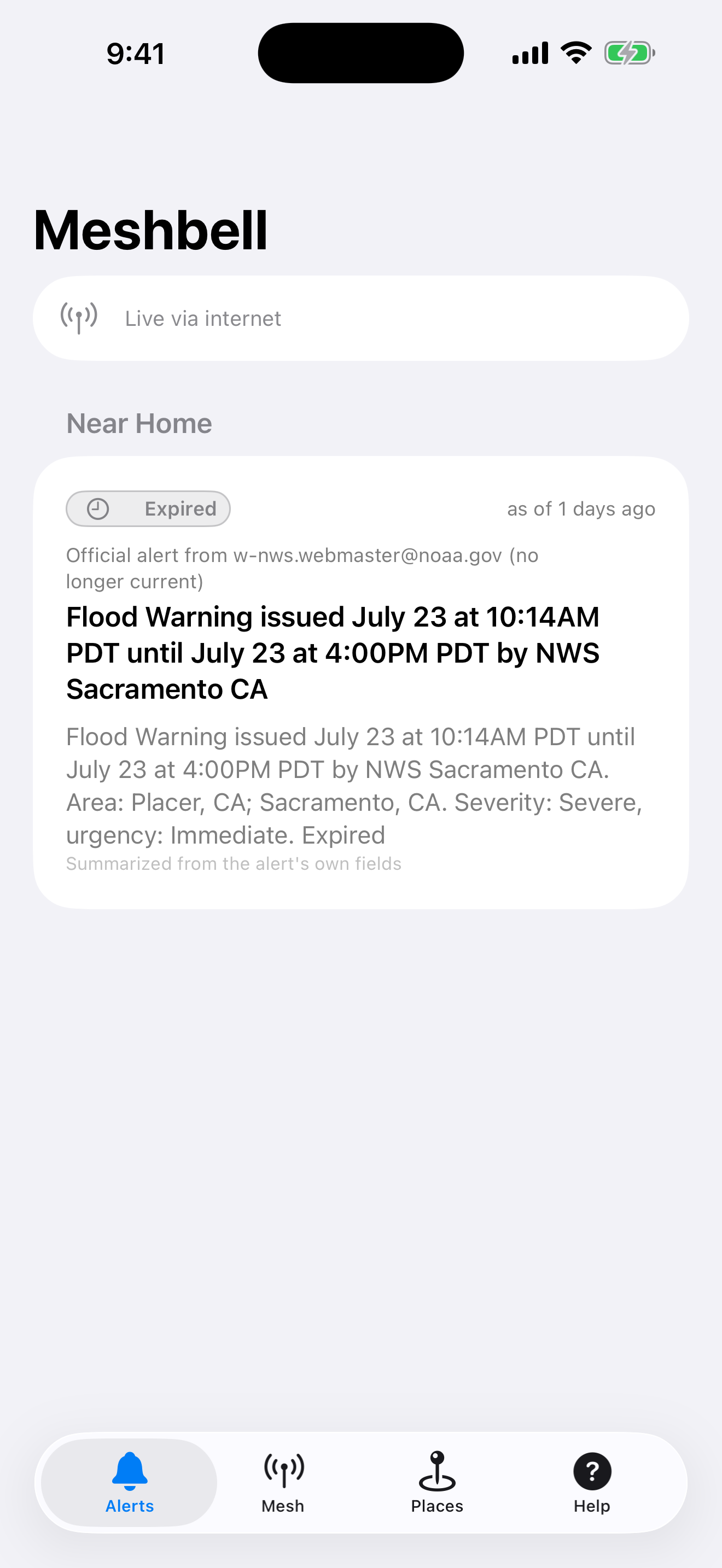 The Alerts tab showing a signed NWS flood warning near a watched place, labeled with its freshness.