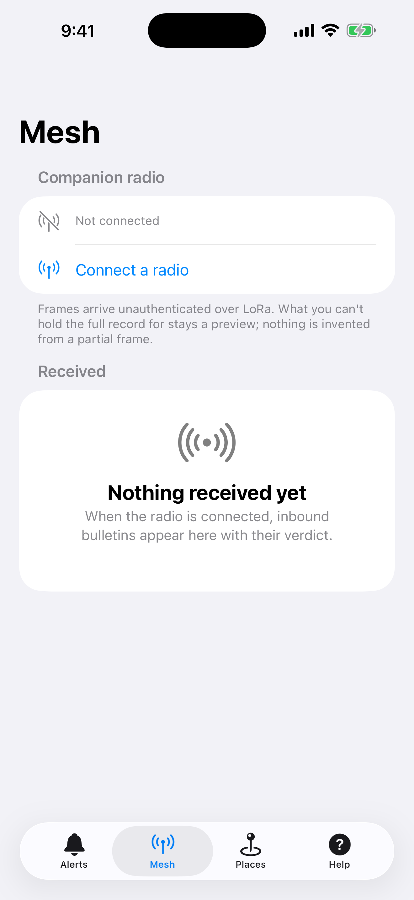 The Mesh tab: connect a companion radio and watch inbound bulletins arrive with their verdict.