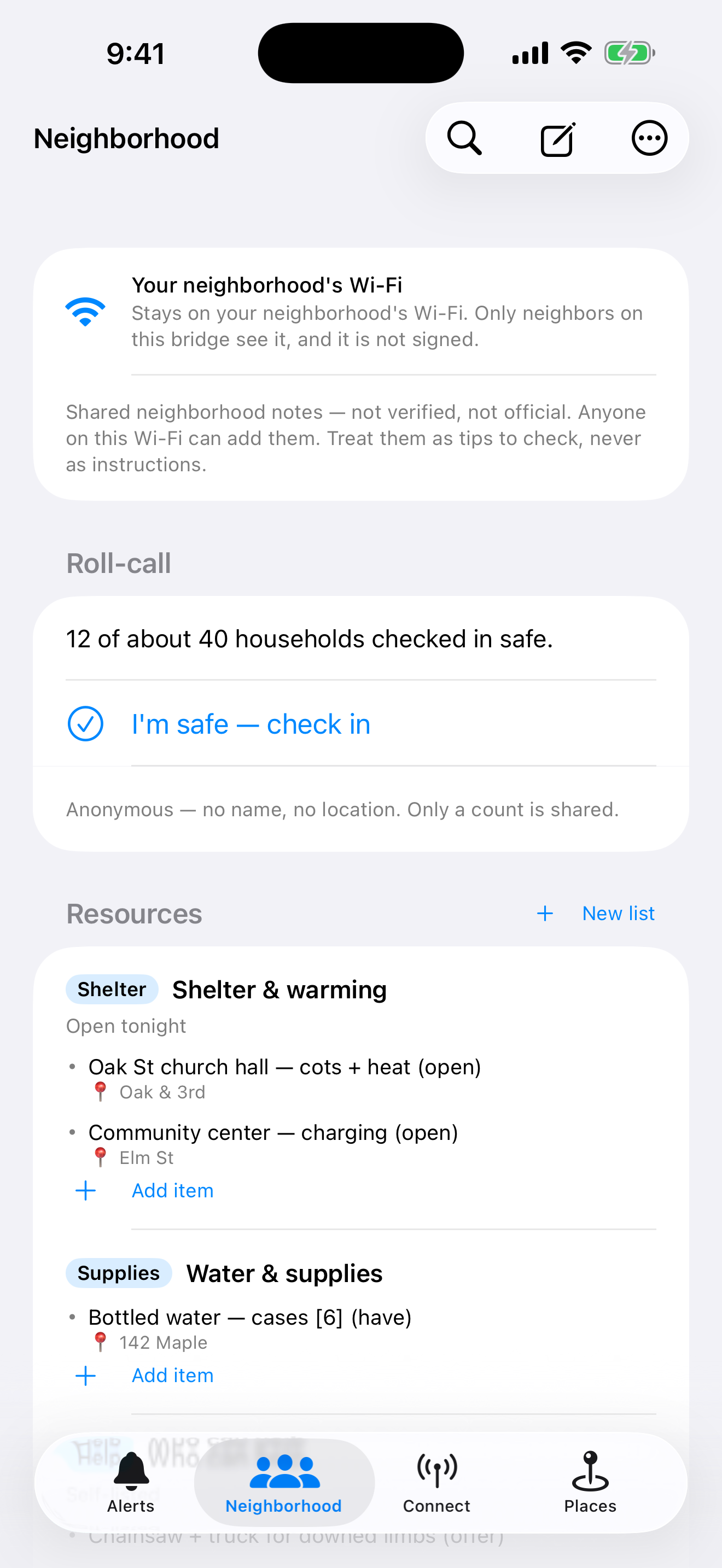 The Neighborhood tab: a note that this stays on your neighborhood's Wi-Fi and is not signed, an anonymous roll-call reading 12 of about 40 households checked in safe, and shared resource lists for shelter and for water and supplies.