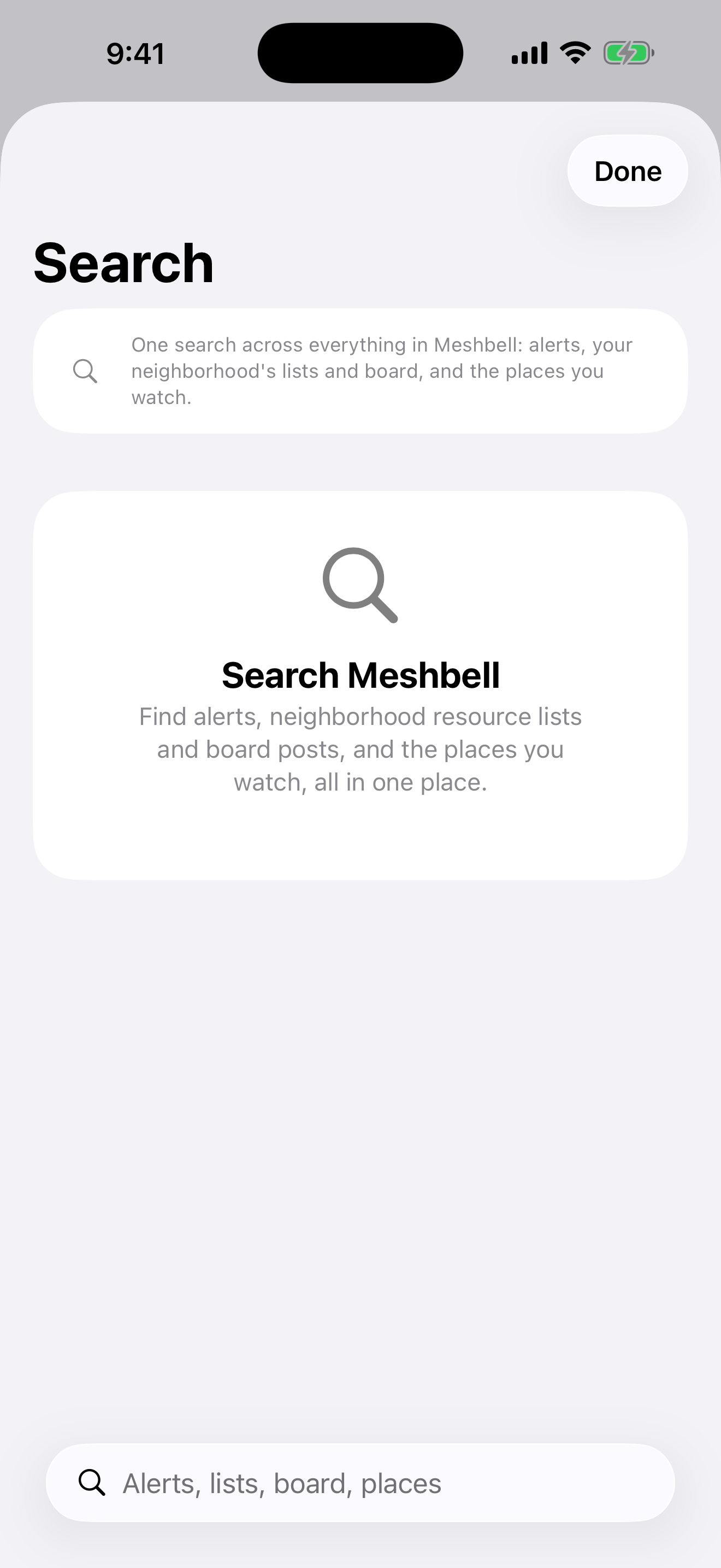 The search sheet, opened from the magnifying glass in the toolbar: one field over alerts, the neighborhood's lists and board, and the places you watch.